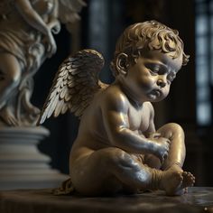 an angel statue sitting on top of a table