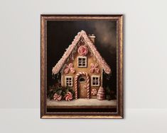 a painting of a gingerbread house with candy canes