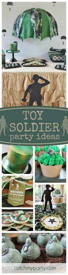 a collage of photos with green and black items on it, including an army themed cake