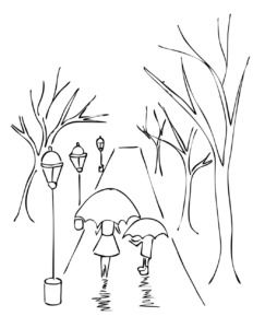 a drawing of a person walking down the street with an umbrella over their head, and trees in the background