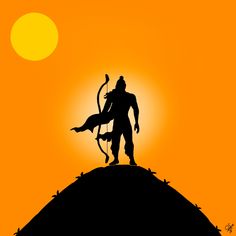 the silhouette of a man with a bow and arrow on top of a hill at sunset