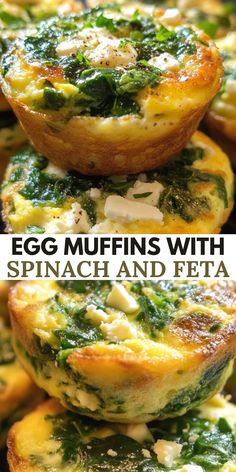 egg muffins with spinach and feta are stacked on top of each other