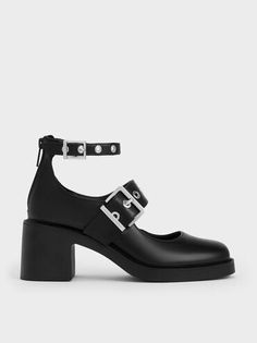 Black Grommet-Strap Mary Jane Pumps | CHARLES & KEITH Edgy Aesthetic, Faux Leather Heels, Mary Jane Pumps, Lemon Pepper, Charles Keith, Classic Shoes, Law School, Metallic Accents, Shoe Style