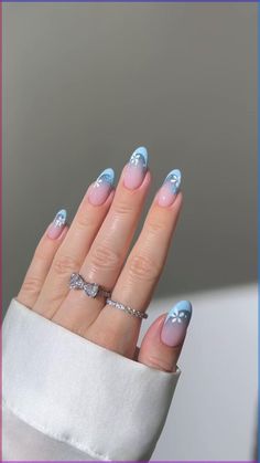 Spring nails, pastel nails, almond nail design, april nails, new nail design, Spring almond nails French Nails With Flowers, Pastel Blue Nails, Ombre French Nails, Light Blue Nail Designs, Taylor Swift Nails, Pink White Nails, Sky Blue Nails, Pastel Nail Art, Minimalism Fashion