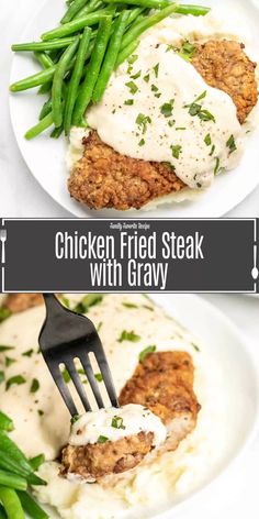 chicken fried steak with gravy on a white plate topped with mashed potatoes and green beans