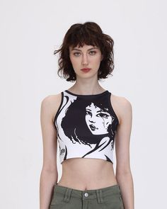 Fitted Graphic Print Crop Top With Racerback, Fitted Racerback Crop Top With Graphic Print, Fitted Graphic Print Tank Crop Top, Printed Fitted Cotton Tank Top, Fitted Tank Vest With Graphic Print, Fitted Racerback Vest With Graphic Print, Aesthetic Doll, Clueless Fashion, Pop Culture Fashion