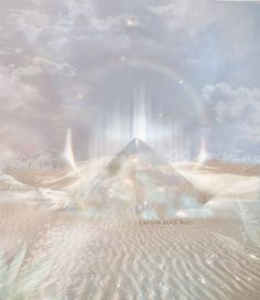 an artistic image of a pyramid in the desert with clouds and sun beams above it