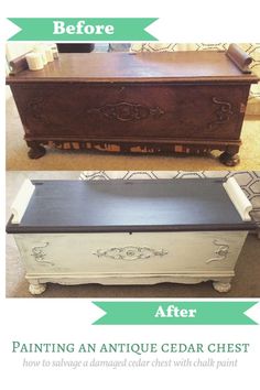 before and after photos of painting an antique cedar chest with chalk paint on the bottom