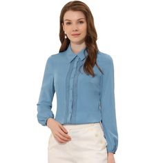 Create an elegant look with this button-up shirt, an essential for every wardrobe. This plain-colored blouse features a button-up at the front, the lace insert, and a regular fit, giving a more elegant and business-like look. A good versatile blouse that could be worn anytime, is well paired with your jeans, hip skirts, and long pants for a charming style. Soft and lightweight Woven fabric ensures all-day comfort. Occasion: Business, Office, Meeting, Career, Work, Coffee Shop, Casual, Daily wear Elegant Fitted Light Blue Blouse, Office Lady Business Shirt Button-up, Elegant Light Blue Office Shirt, Light Blue Button-up Blouse For Work, Semi-formal Solid Color Office Lady Top, Semi-formal Solid Color Office Tops, Semi-formal Solid Office Lady Tops, Solid Color Semi-formal Office Lady Top, Elegant Light Blue Office Blouse