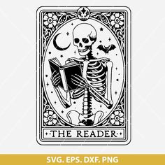 a skeleton reading a book in the middle of a playing card