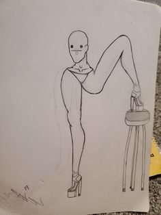 a drawing of a person standing next to a stool