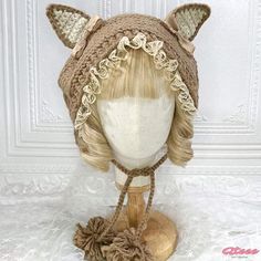 Qteee - Charming Feline-Inspired Lace Lolita Hat for Cozy Comfort Beige One Size Casual Bonnet, Casual Crochet Cat Ears Hat, Cute Brown Hat For Fall, Cute Beige Cap, Cute Warm Cotton Hat, Cute Cream Knitted Hats, Cute Cotton Bonnet For Winter, Cute Cream Winter Bonnet, Cute Cotton Hat