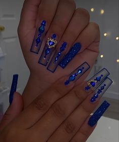 Royal Blue 15 Nails, Prom Nails Acrylic Dark Blue, Winter Nail Art Designs Classy, Winter Wonderland Nails Acrylic Blue, Dark Navy Blue Nails Acrylic, Easy Nail Designs Blue, Royal Blue And Black Wedding Theme, Long Dark Blue Nails