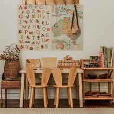 a table and chairs in front of a wall with pictures on the wall behind them