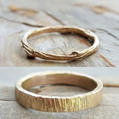 two different views of the same gold wedding ring, one with a tree branch design on it