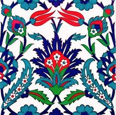 an artistic tile design with flowers and leaves on the bottom, in blue and red colors