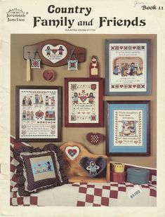 an advertisement for the country family and friends cross stitch pattern book, with pictures on it