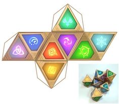 an image of a set of dices with different colors and shapes on them next to a white background