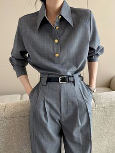 Urban Regular Fit Buttoned Shirt Collar Shirt Posh Fashion Classy, High Collar Shirts Women, Elegant Casual Wear, Old Money Women Fashion, Nonbinary Homecoming Outfit, Business Casual Androgynous, Vintage Button Up, Gentleman Style Woman, Shirt Work Outfit