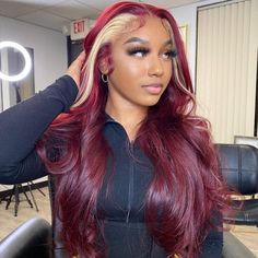 CurlyMe Burgundy Color Straight Hair With Blonde Skunk Stripe 13x4 Lace Front Wig Highlights Ombre Hair Blonde Skunk Stripe, Front Pieces, Skunk Stripe, Hair Colorful, Hacks Beauty, Wig Styling, Instagram Baddie, Burgundy Hair, Colored Wigs