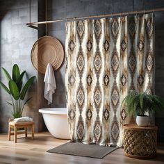 a bathroom with a bathtub, shower curtain and potted plant on the floor