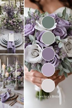 a collage of photos with purple and white flowers in the center, candles on the table