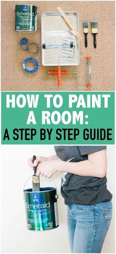 a woman holding a paint can with the words how to paint a room as step by step guide