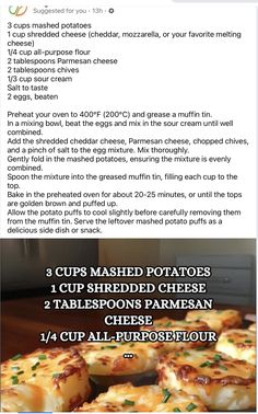 the recipe for baked potato cups is shown in this screenshot with instructions to make them