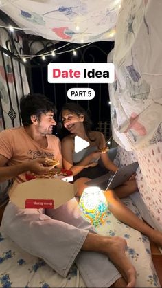 three people sitting on a bed eating cake and talking to each other with the caption date idea part b