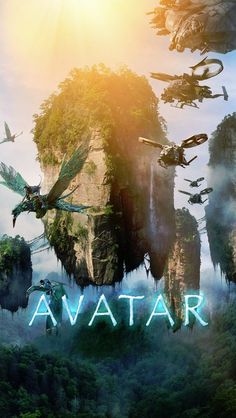 the poster for avatar is shown in front of an island with many flying birds and other creatures