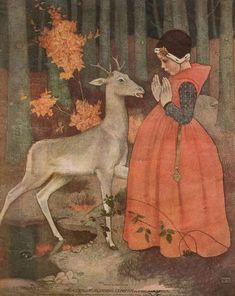 Marianne Stokes was an Austrian painter best known for her landscape paintings. This oil painting, however, illustrates a scene from the Grimms' fairy tale Brother and Sister. The boy is turned into a deer, and the girl has to take care of him.