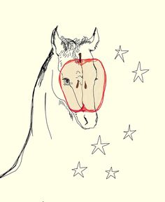 a drawing of a horse with an apple in its mouth and stars on the side