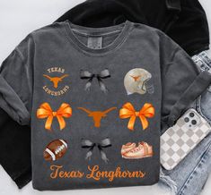 ✨️✨️ LONGHORNS ✨️✨️ SIZE ▸ Please check the size charts in the listing photos. This is a UNISEX tee Comfort Colors tee or Crewneck WASHING INSTRUCTIONS ▸ Wash inside out, in cold water, on a gentle cycle. Tumble dry low or let air dry. ▸ Do not use Fabric Softeners or Bleach. ▸ Do not dry clean. Avoid ironing on the design. RETURNS OR EXCHANGES ▸ All of our shirts are custom printed just for you to avoid overproduction and waste, so we do not accept returns or exchanges in most cases. ▸ If there Longhorn Football Shirts, Texas Longhorn Outfit Woman, University Clothes, Texas T Shirt, Longhorns Football, Football Tailgate, Shirt Coquette