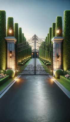 an image of a beautiful gated entrance to a mansion at night with lights on