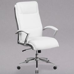 a white office chair with chrome arms and wheels