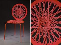 an orange chair sitting on top of a wooden table next to a red chair that is shaped like a wheel