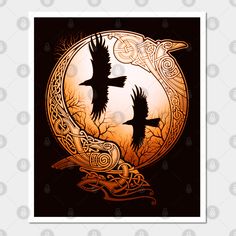 two birds flying in front of an orange moon with celtic writing on it's side