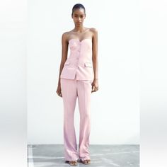 High Waist Pants With Front Pockets And Back False Welt Pockets. Flared Legs. Front Zip, Metal Hook, And Interior Button Closure. New With Tags. Measurements Inseam 31 Inches Waist 13 Inches Satin Pants Blazer, Pink Set, Satin Pants, High Waist Pants, Zara Pants, Birthday Photoshoot, Waist Pants, High Waisted Pants, Welt Pockets