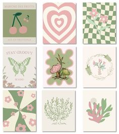 six different greeting cards with flowers and hearts on them, all in pastel colors