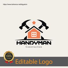 the logo for handyman construction is shown with an image of two hammers and a house