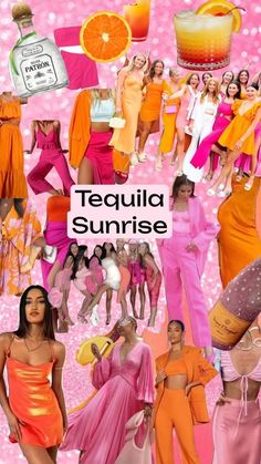 a collage of models in orange, pink and yellow outfits with text that reads tequila sunrise