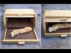 two pictures of an open wooden box with bread in it and one showing the inside