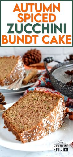 an autumn spiced zucchini bundt cake on a white plate with pine cones