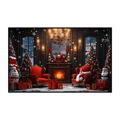 a living room decorated for christmas with red furniture and presents in front of the fireplace