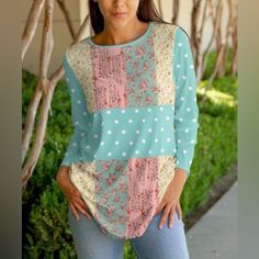 Aqua And Rose Floral Patchwork Jewel Collar Long Sleeve Tunic Size Large 12/14 Lily By Firmiana Pink Long Sleeve Tops With Lace Patchwork, Pink Long Sleeve Top With Lace Patchwork, Spring Pink Lace Patchwork Top, Pink Long Sleeve Tops With Floral Patchwork, Bohemian Pink Tops With Floral Patchwork, Casual Pink Tops With Floral Patchwork, Pink Tunic Dress, Aqua Rose, Basic Hand Embroidery Stitches