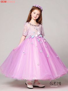 Spring Pink Embellished Princess Dress, Spring Embellished Princess Dress, Purple Floral Applique Princess Dress For Dress-up, Short Sleeve Tulle Dress With Floral Applique, Purple Princess Dress With Floral Applique, Spring Floral Embellished Princess Dress, Princess Dresses With Short Sleeves And Floral Applique, Princess Style Dresses With Floral Applique And Short Sleeves, Flower Girl Dresses Teal