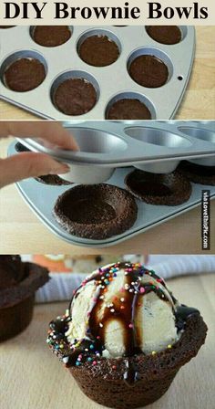 there are three pictures with ice cream and chocolates in the same cupcake pan