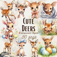 cute deers clipart with flowers and eggs