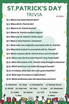 the st patrick's day trivia is shown in green and has many question marks on it