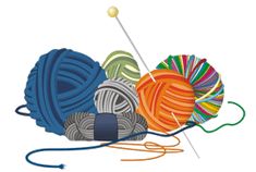 three balls of yarn and two skeins of knitting needles on a white background